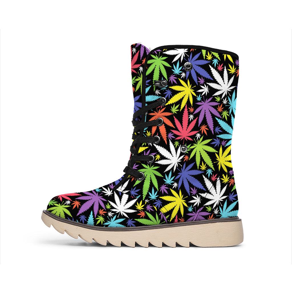 Colorful Weed Leaf Pattern Print Winter Boots