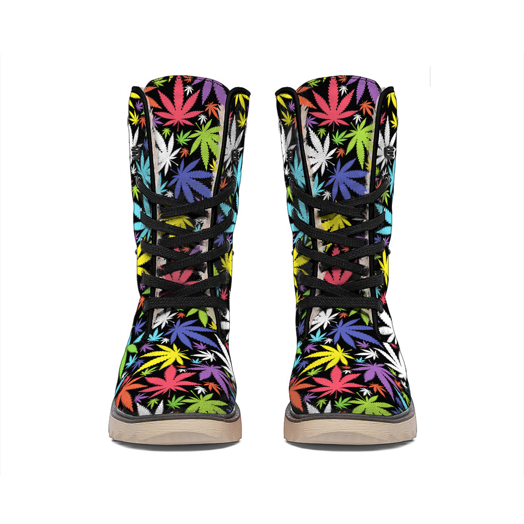 Colorful Weed Leaf Pattern Print Winter Boots