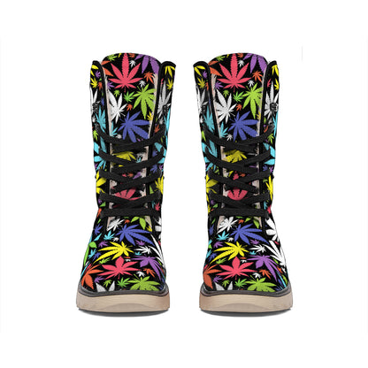 Colorful Weed Leaf Pattern Print Winter Boots