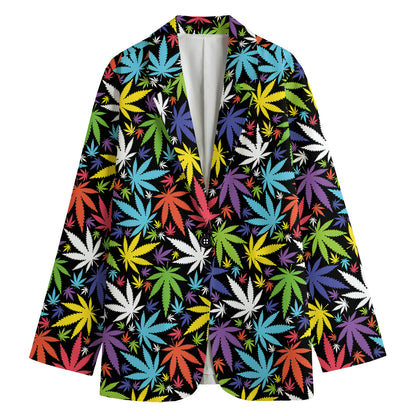 Colorful Weed Leaf Pattern Print Women's Blazer