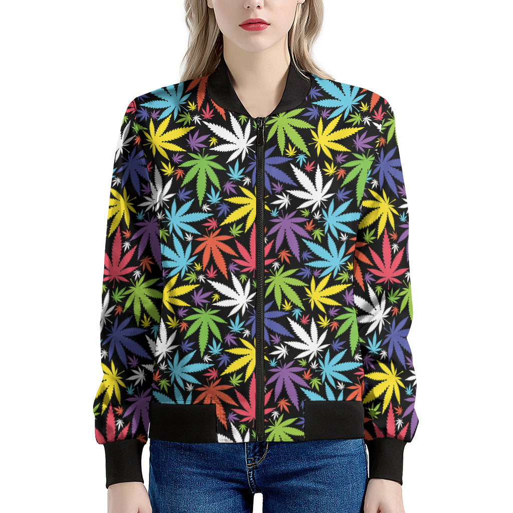 Colorful Weed Leaf Pattern Print Women's Bomber Jacket