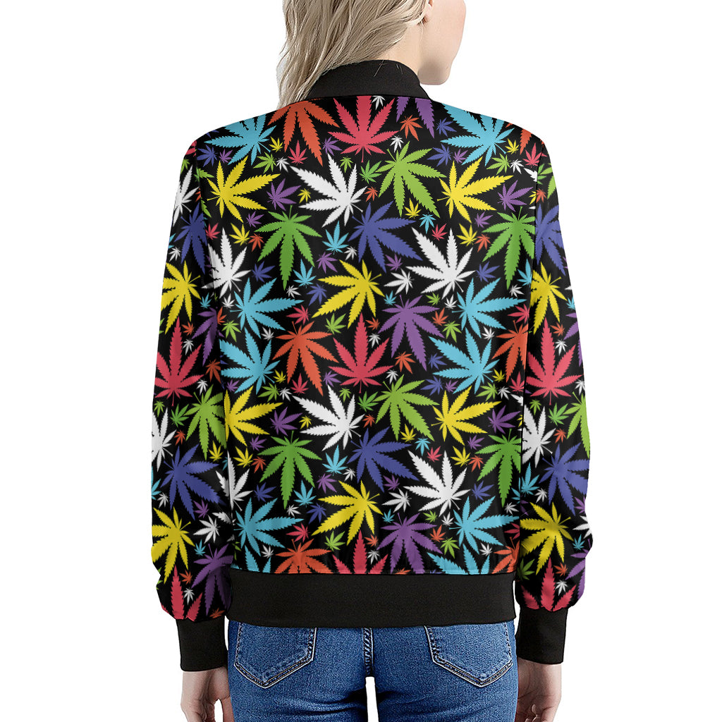 Colorful Weed Leaf Pattern Print Women's Bomber Jacket