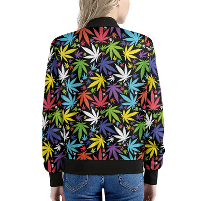 Colorful Weed Leaf Pattern Print Women's Bomber Jacket