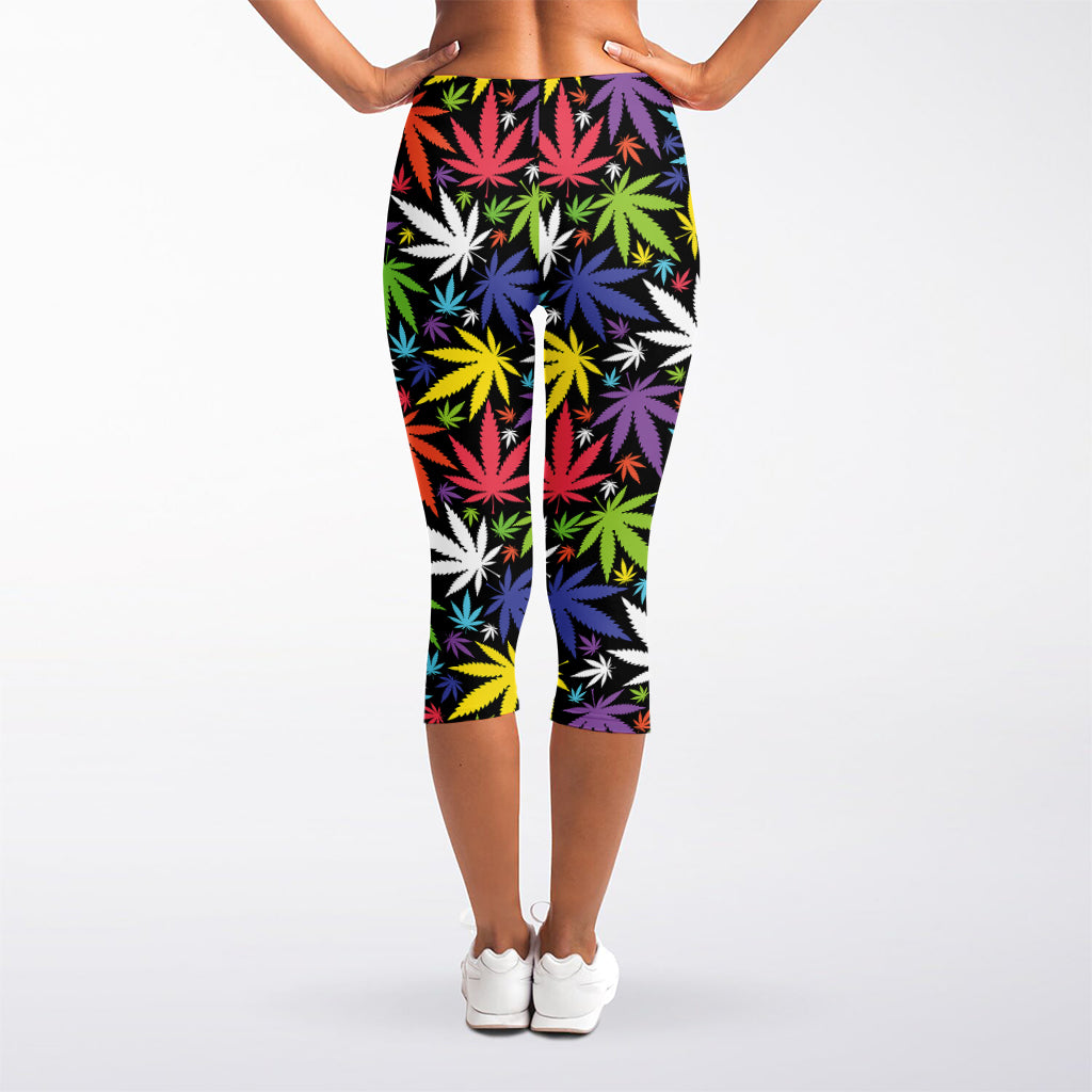 Colorful Weed Leaf Pattern Print Women's Capri Leggings