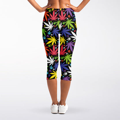 Colorful Weed Leaf Pattern Print Women's Capri Leggings