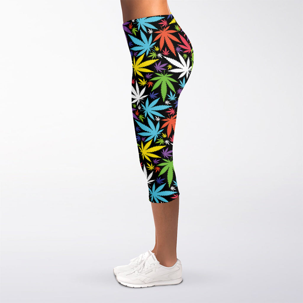 Colorful Weed Leaf Pattern Print Women's Capri Leggings