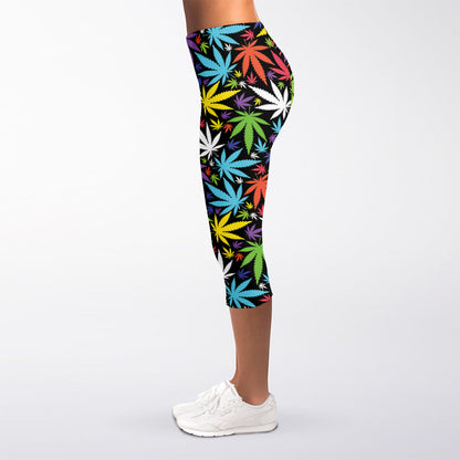 Colorful Weed Leaf Pattern Print Women's Capri Leggings