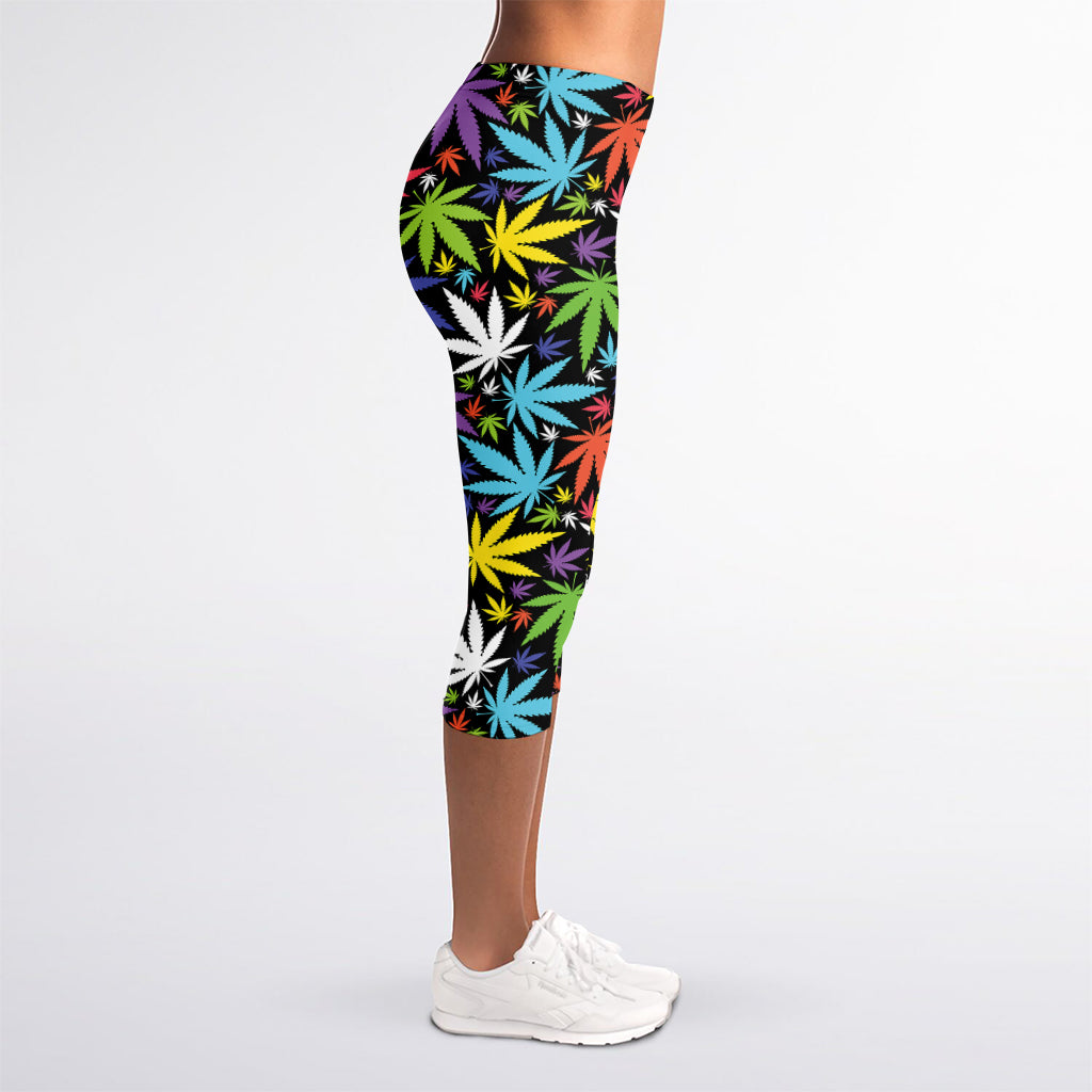 Colorful Weed Leaf Pattern Print Women's Capri Leggings
