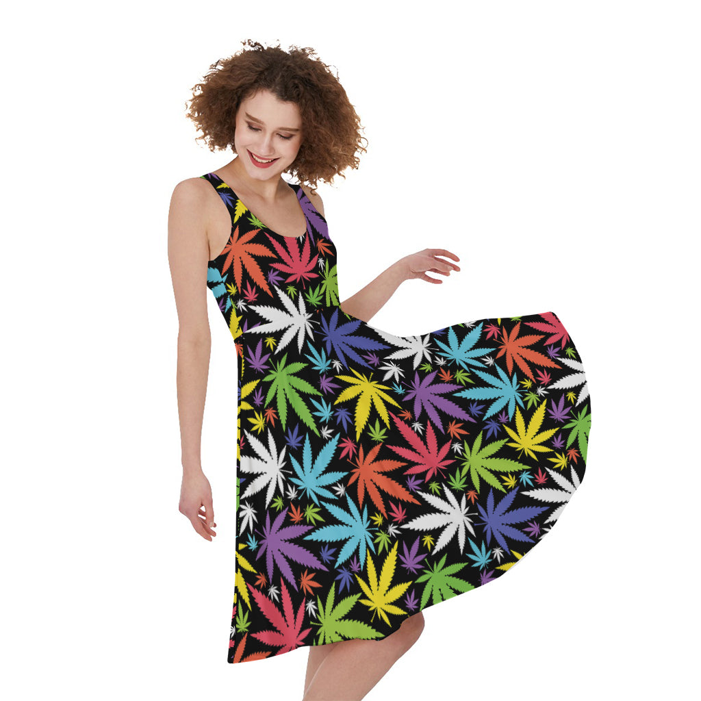 Colorful Weed Leaf Pattern Print Women's Sleeveless Dress