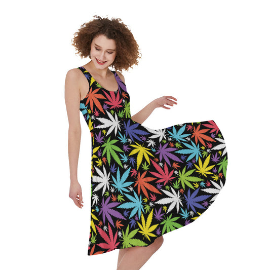 Colorful Weed Leaf Pattern Print Women's Sleeveless Dress