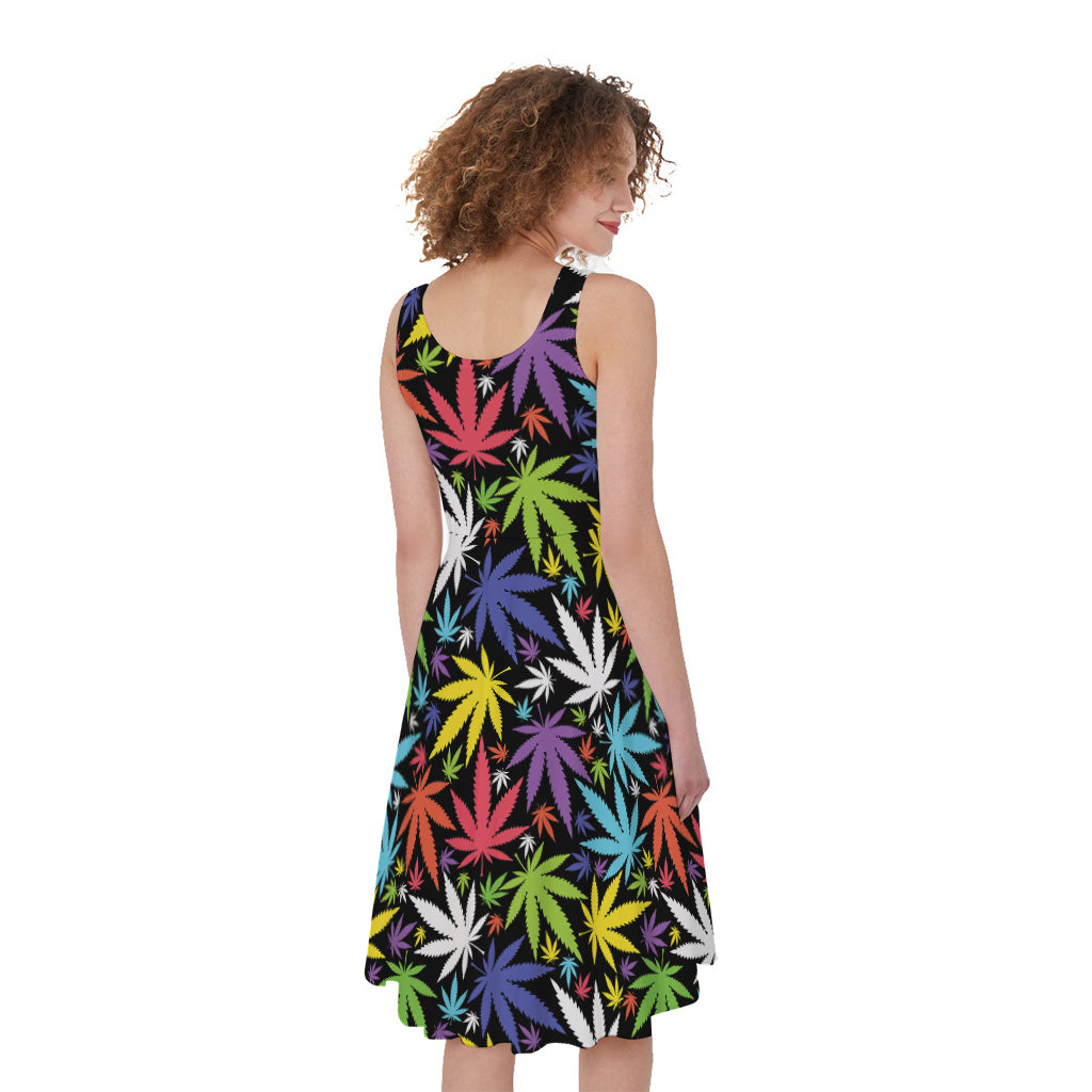 Colorful Weed Leaf Pattern Print Women's Sleeveless Dress