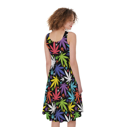 Colorful Weed Leaf Pattern Print Women's Sleeveless Dress