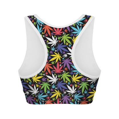 Colorful Weed Leaf Pattern Print Women's Sports Bra