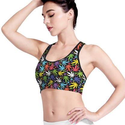 Colorful Weed Leaf Pattern Print Women's Sports Bra