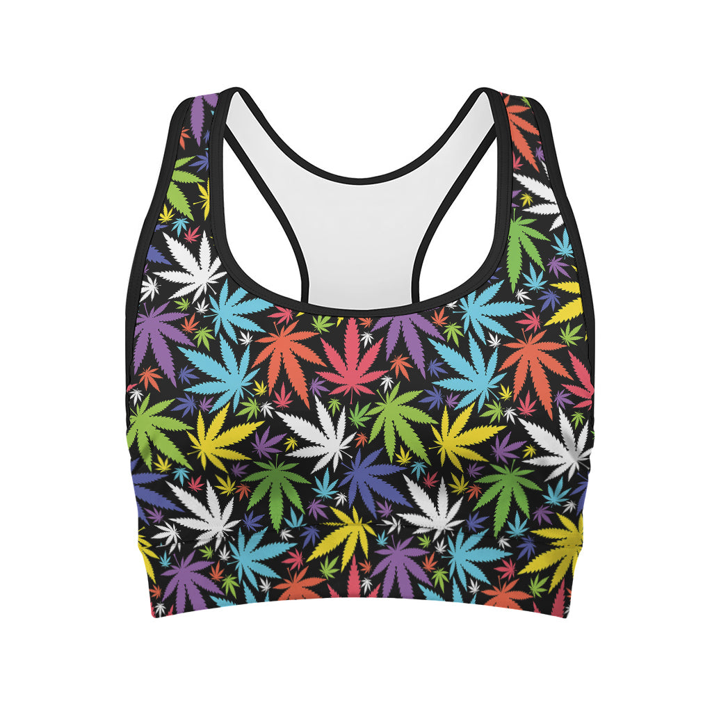 Colorful Weed Leaf Pattern Print Women's Sports Bra
