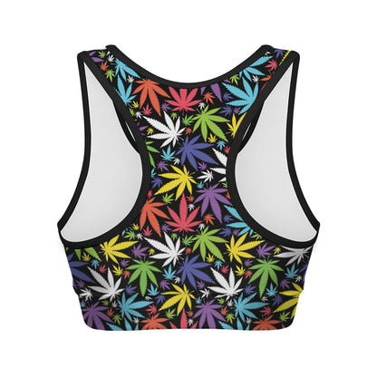 Colorful Weed Leaf Pattern Print Women's Sports Bra