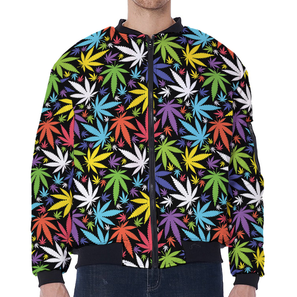 Colorful Weed Leaf Pattern Print Zip Sleeve Bomber Jacket