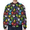 Colorful Weed Leaf Pattern Print Zip Sleeve Bomber Jacket