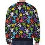 Colorful Weed Leaf Pattern Print Zip Sleeve Bomber Jacket