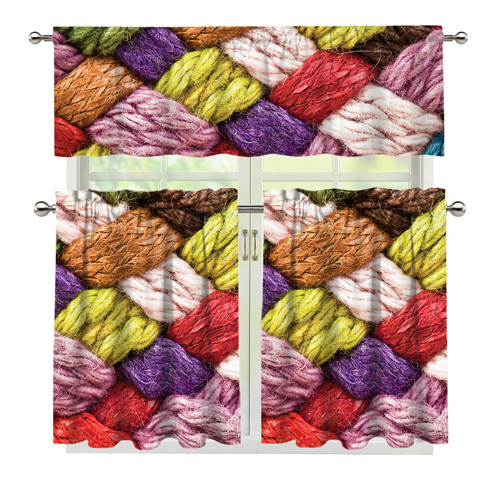 Colorful Wool Yarns Print 3 Piece Kitchen Curtains