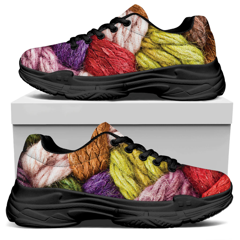 Colorful Wool Yarns Print Black Chunky Shoes