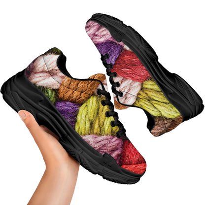 Colorful Wool Yarns Print Black Chunky Shoes