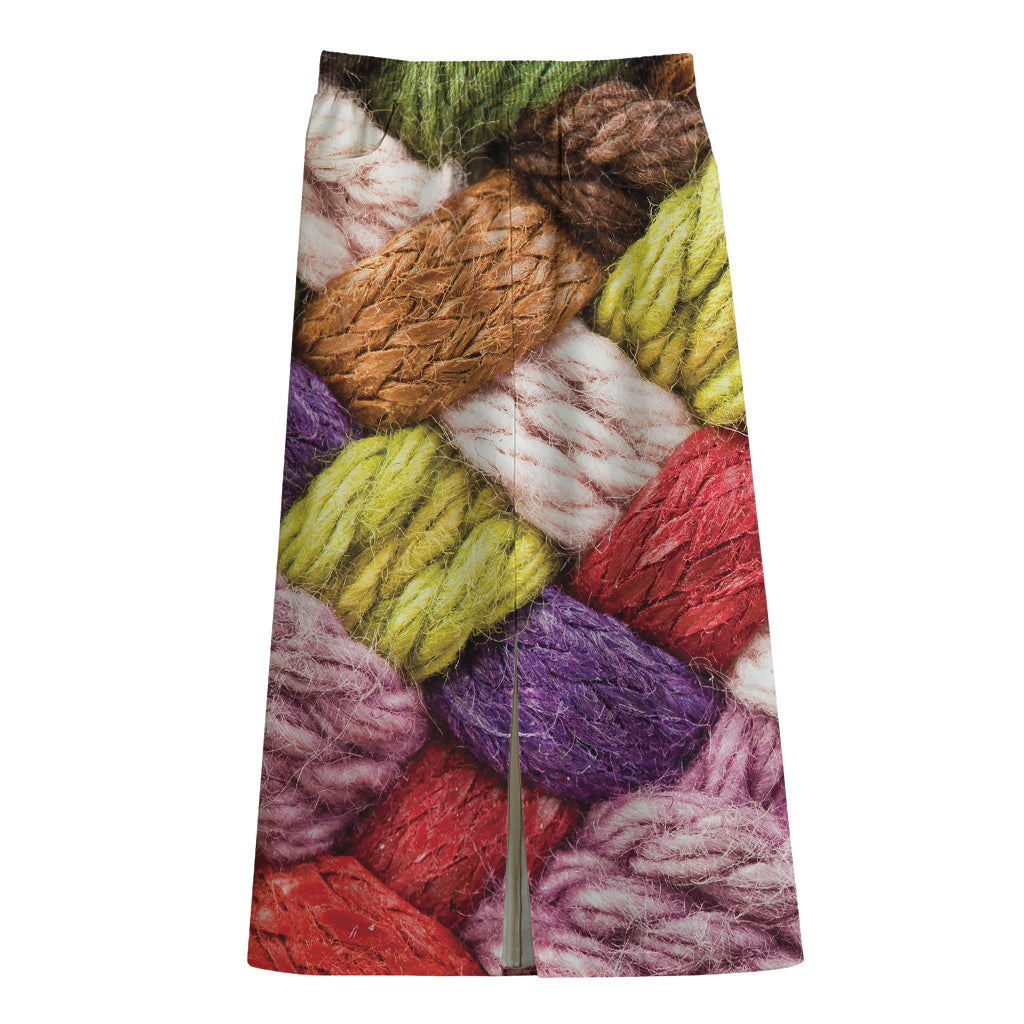 Colorful Wool Yarns Print Cotton Front Slit Maxi Skirt