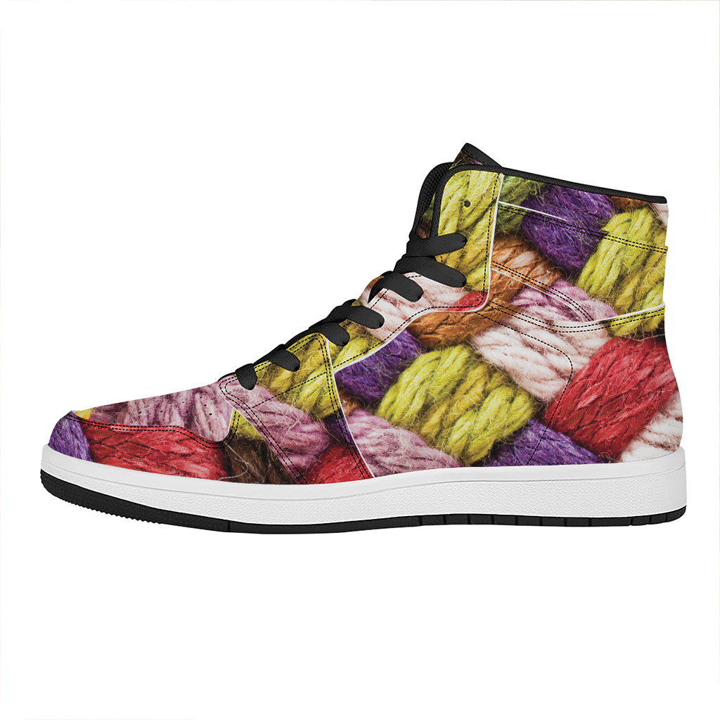 Colorful Wool Yarns Print High Top Leather Sneakers
