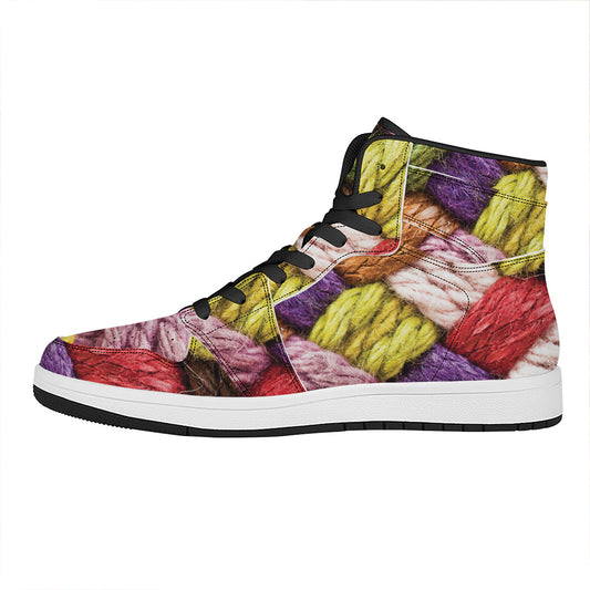 Colorful Wool Yarns Print High Top Leather Sneakers