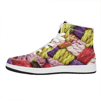 Colorful Wool Yarns Print High Top Leather Sneakers