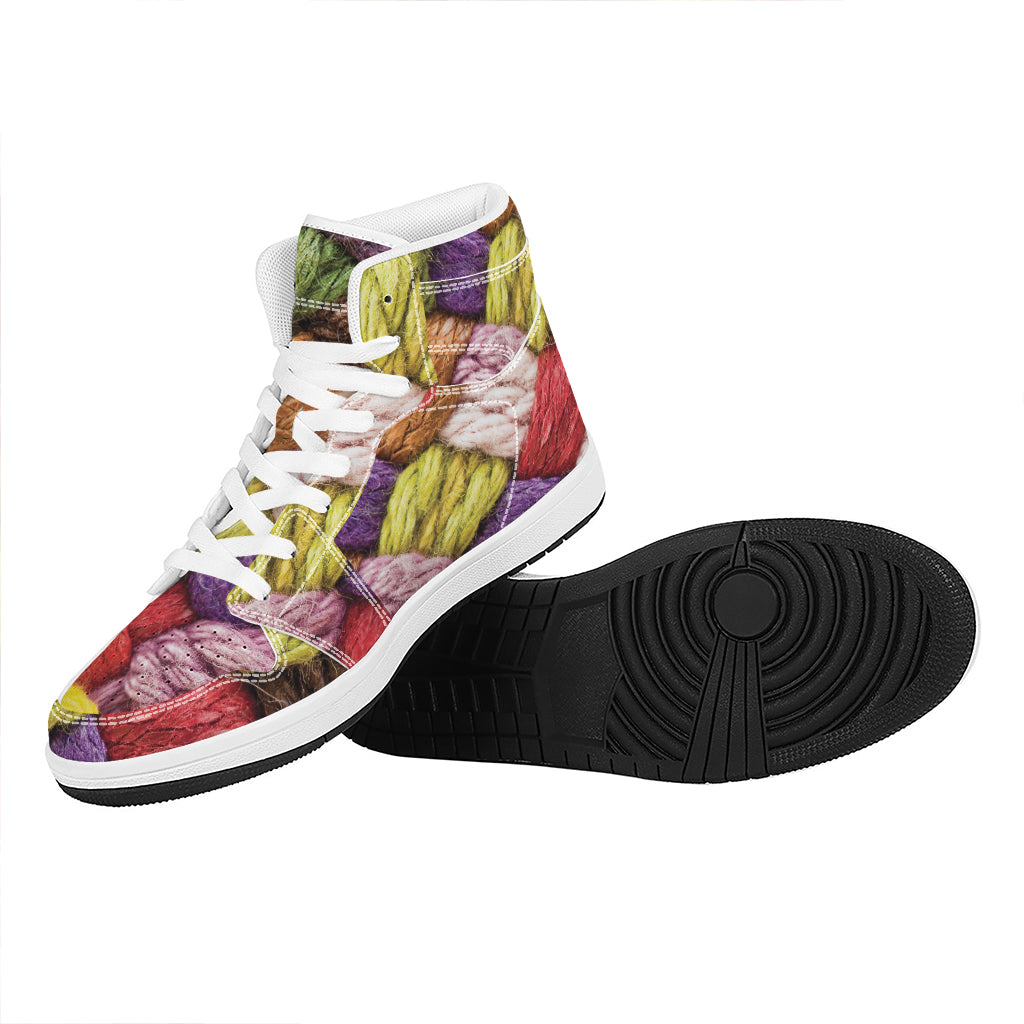 Colorful Wool Yarns Print High Top Leather Sneakers