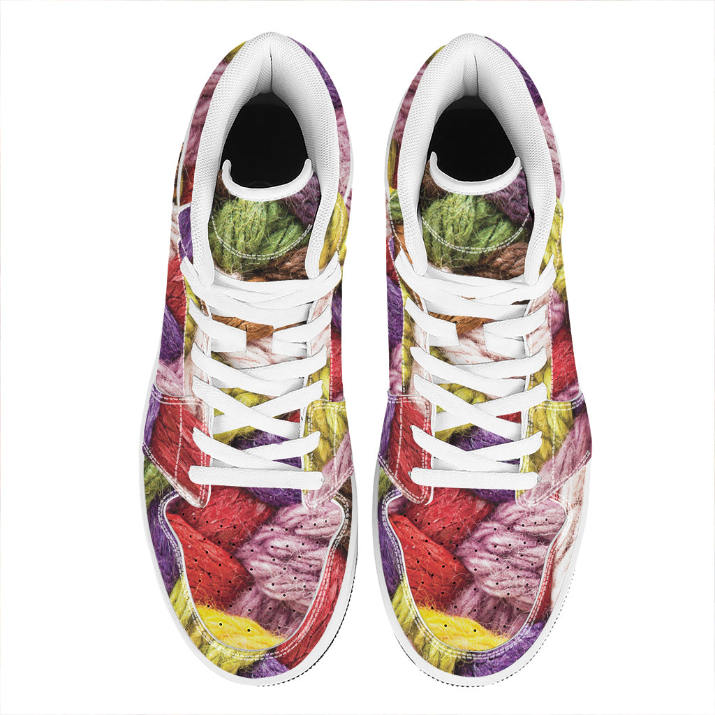 Colorful Wool Yarns Print High Top Leather Sneakers