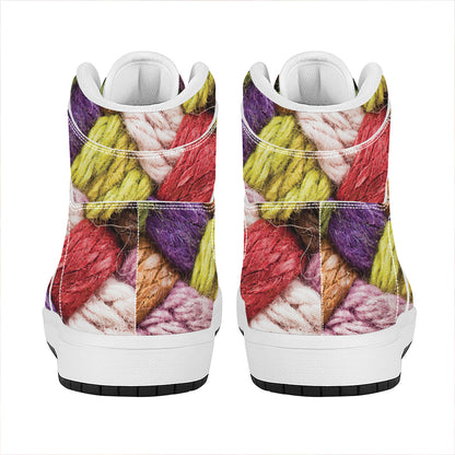 Colorful Wool Yarns Print High Top Leather Sneakers