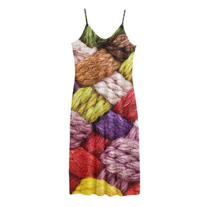 Colorful Wool Yarns Print Jersey Midi Cami Dress