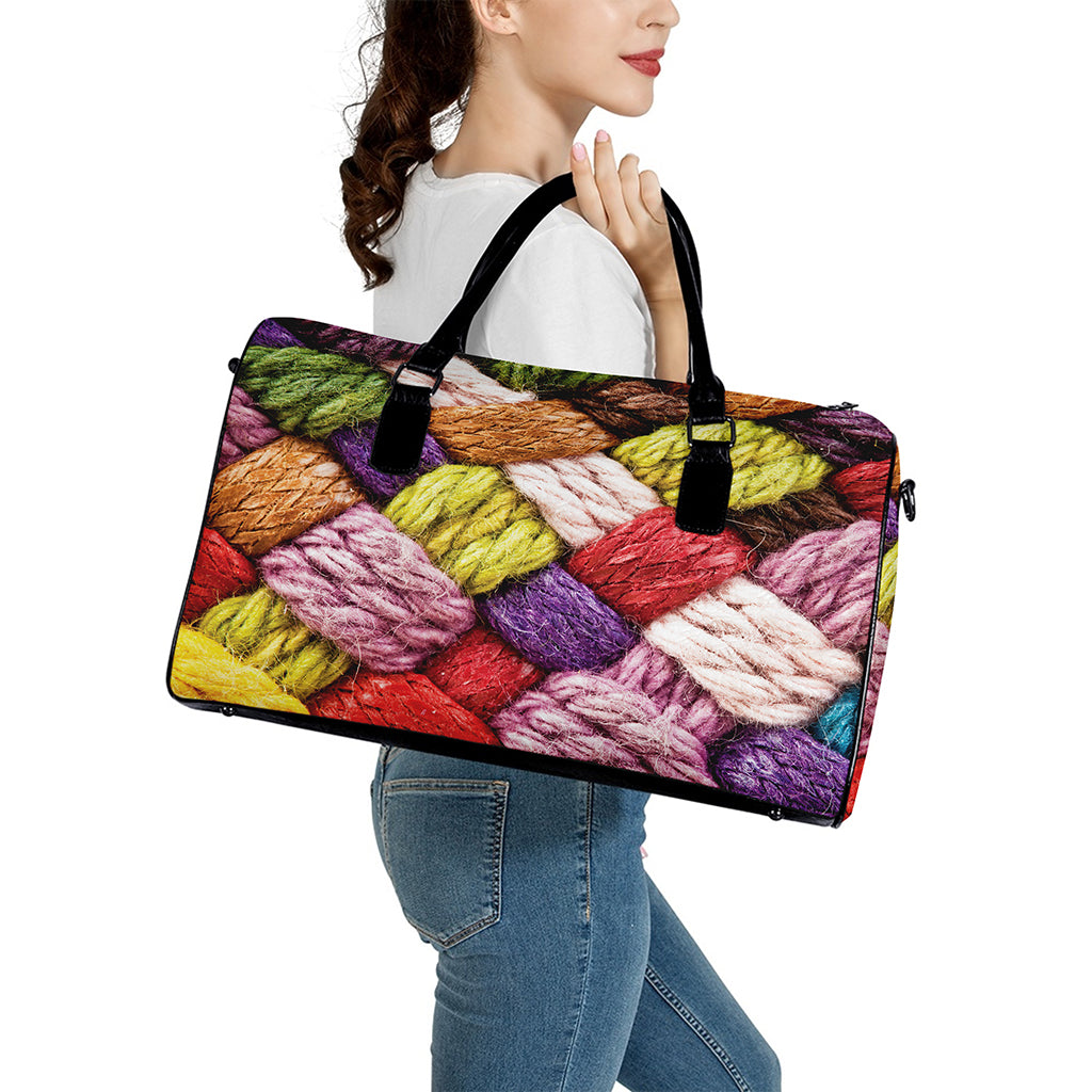 Colorful Wool Yarns Print Leather Duffle Bag