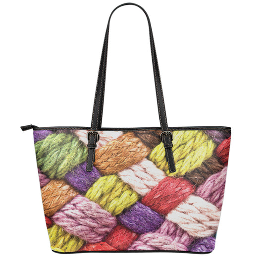 Colorful Wool Yarns Print Leather Tote Bag
