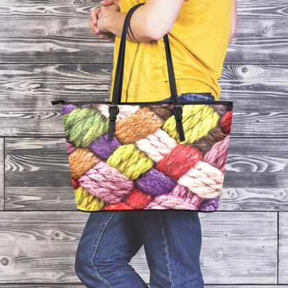 Colorful Wool Yarns Print Leather Tote Bag