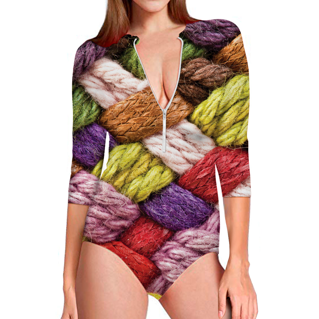 Colorful Wool Yarns Print Long Sleeve Swimsuit