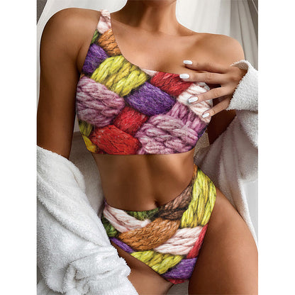 Colorful Wool Yarns Print One Shoulder Bikini Top