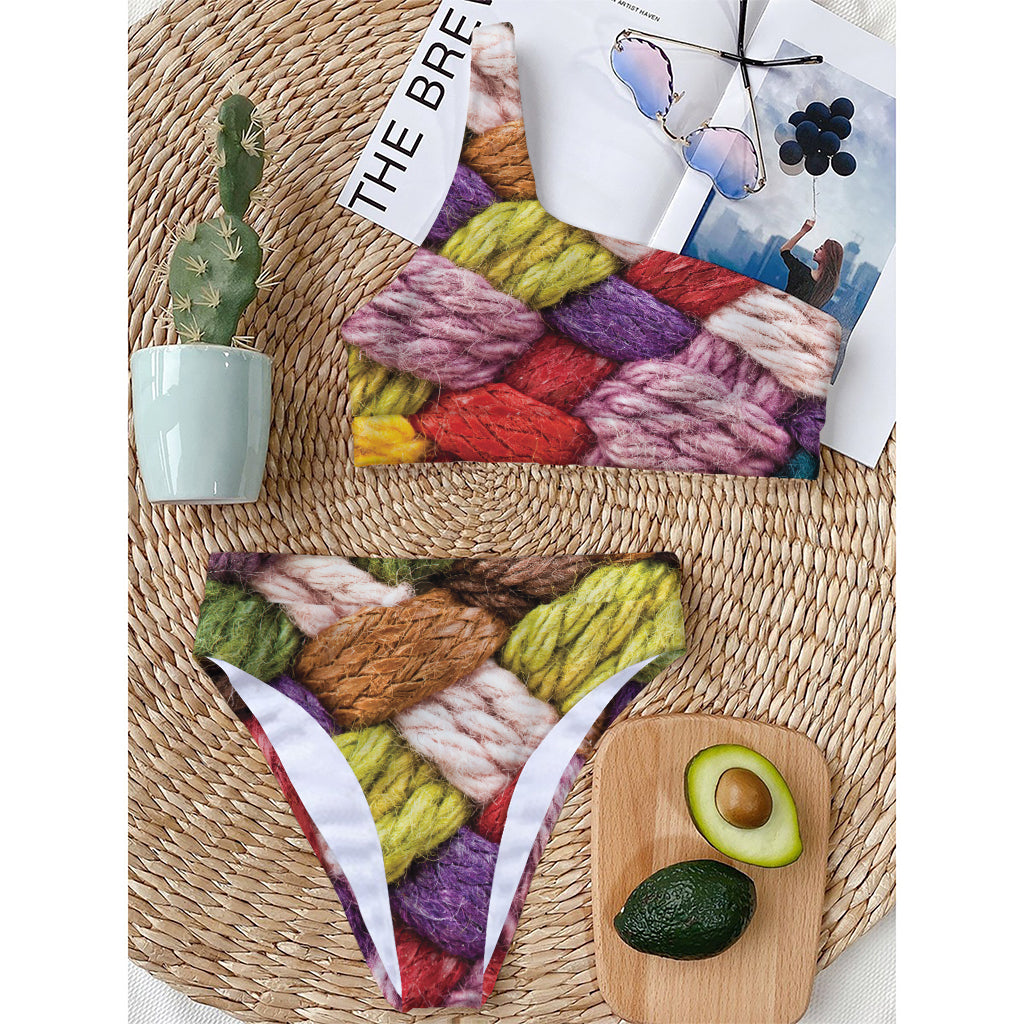 Colorful Wool Yarns Print One Shoulder Bikini Top