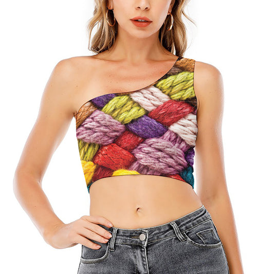 Colorful Wool Yarns Print One Shoulder Crop Top