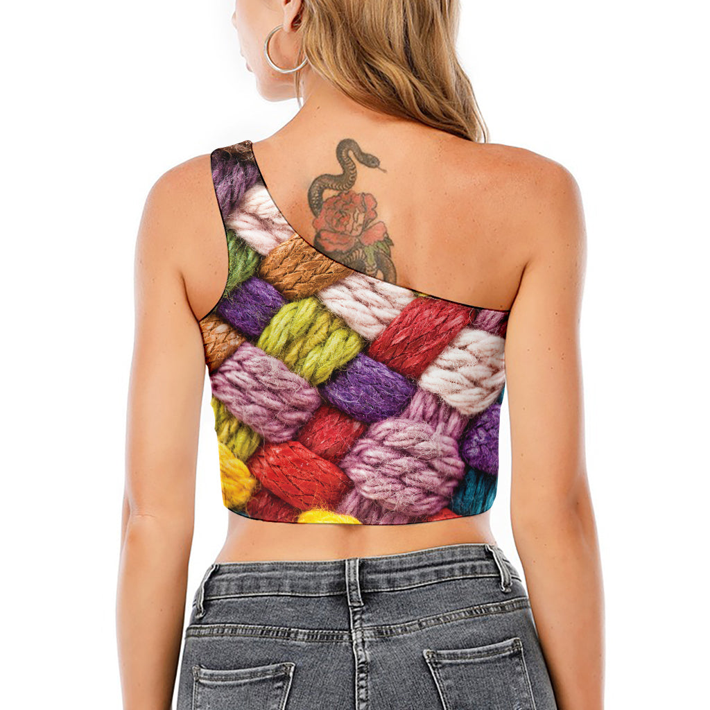 Colorful Wool Yarns Print One Shoulder Crop Top