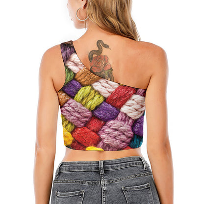 Colorful Wool Yarns Print One Shoulder Crop Top