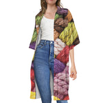 Colorful Wool Yarns Print Open Front Beach Cover Up