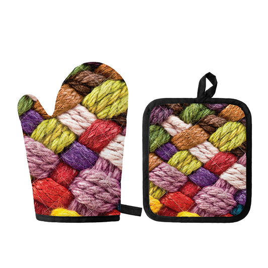 Colorful Wool Yarns Print Oven Mitt And Pot Holder Set