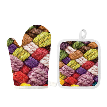 Colorful Wool Yarns Print Oven Mitt And Pot Holder Set