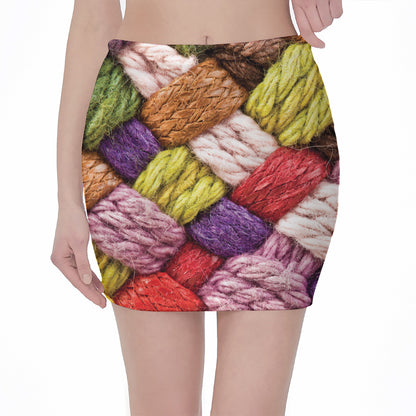 Colorful Wool Yarns Print Pencil Mini Skirt