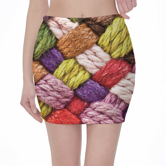 Colorful Wool Yarns Print Pencil Mini Skirt