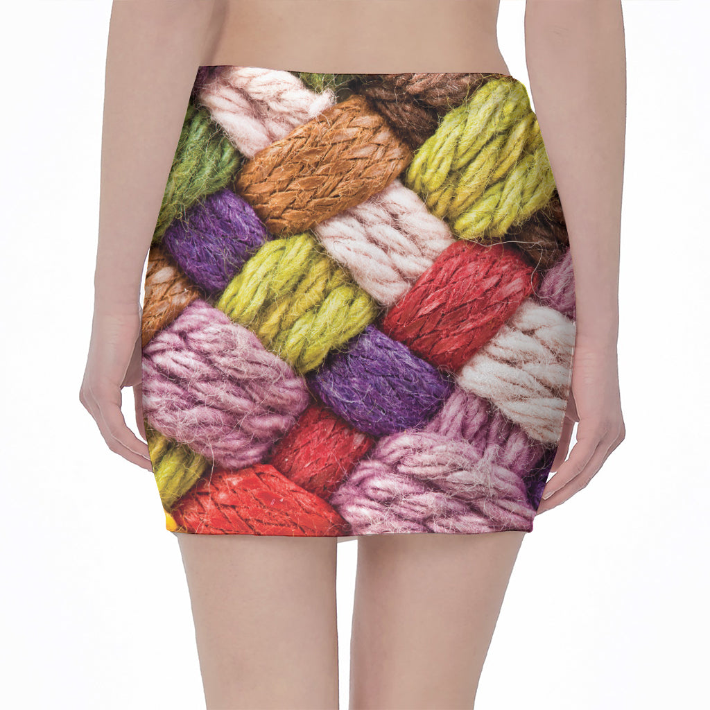Colorful Wool Yarns Print Pencil Mini Skirt