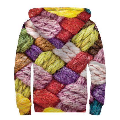 Colorful Wool Yarns Print Sherpa Lined Zip Up Hoodie